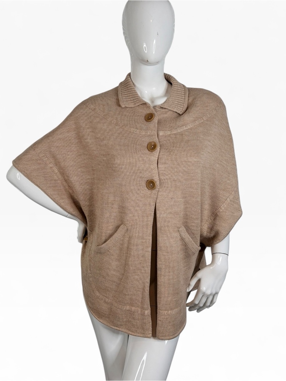Coldwater Creek neutral Beige Button-Front Women's Knit Poncho Sweater top O/S